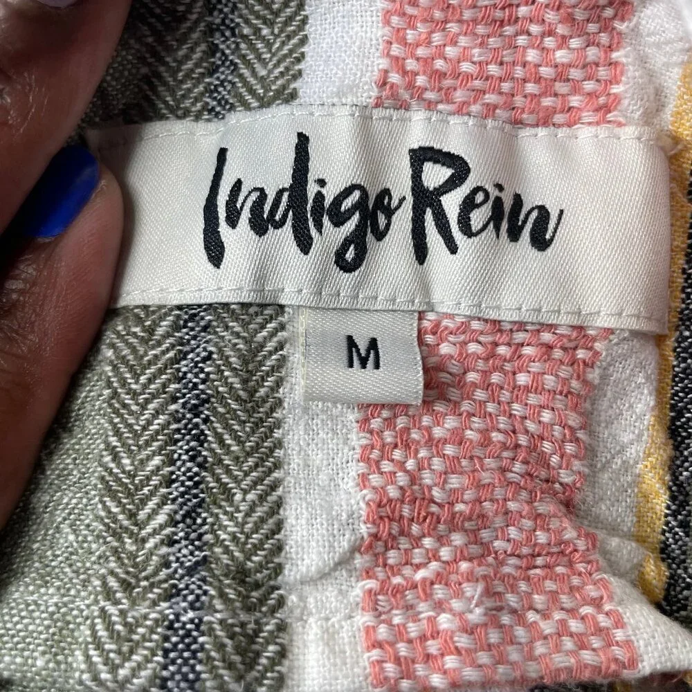 Indigo Rein Striped Linen Blend Shortall Overalls Romper - Size Medium